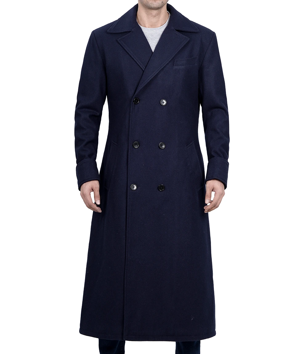 Aaron Men's Blue Double Breasted Long Wool Coat