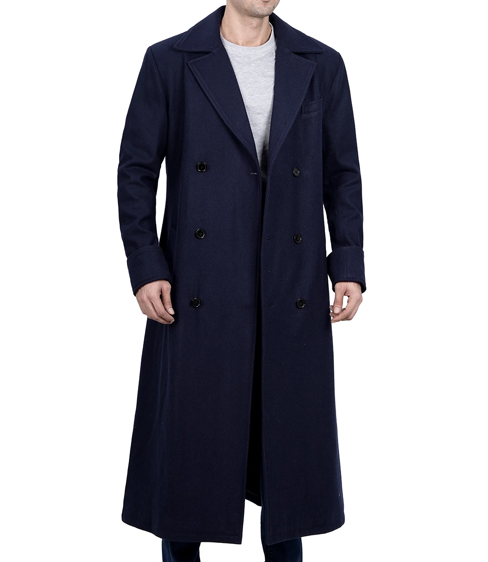 Aaron Men's Blue Double Breasted Long Wool Coat