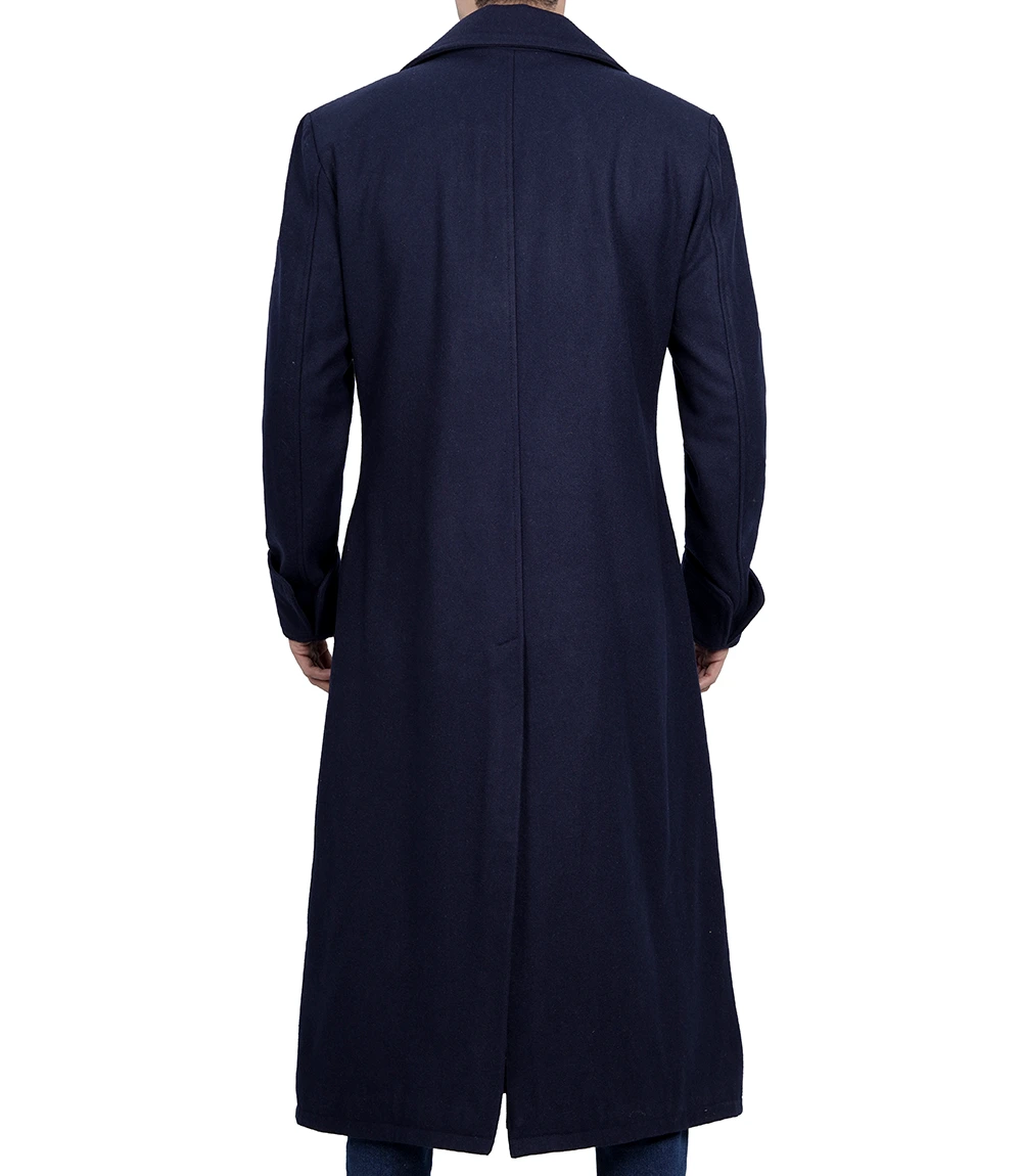 Aaron Men's Blue Double Breasted Long Wool Coat