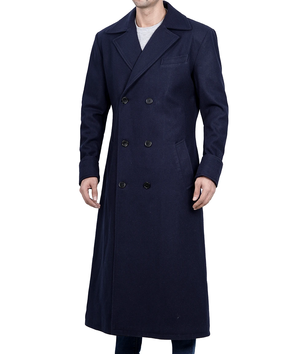 Aaron Men's Blue Double Breasted Long Wool Coat