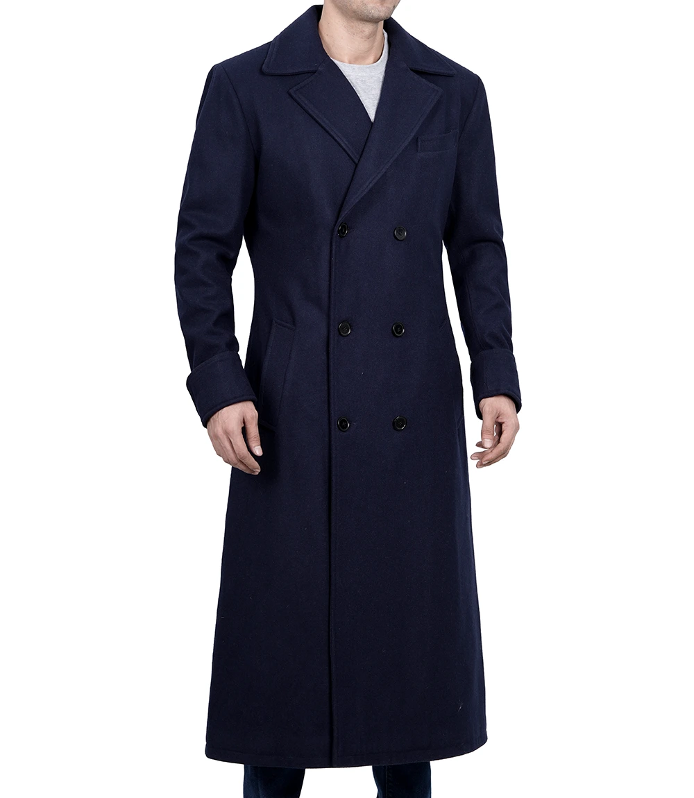 Aaron Men's Blue Double Breasted Long Wool Coat