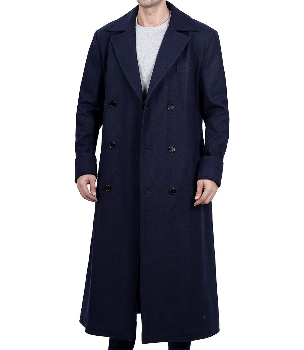 Aaron Men's Blue Double Breasted Long Wool Coat