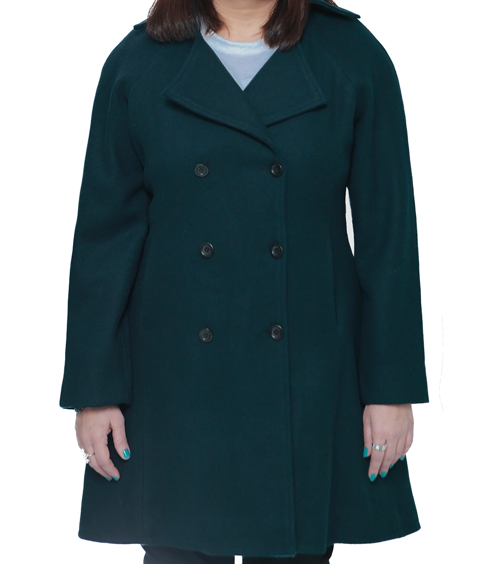 Ana Women's Forest Green Double Breasted Flare Wool Coat - Regular Fit