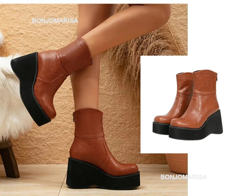 Ankle Boots Platform Thick Sole Chunky Heels