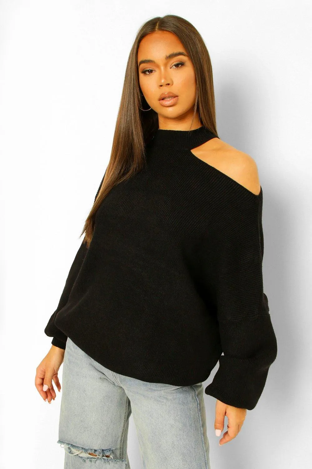 Asymmetric Neckline Knitted Sweater