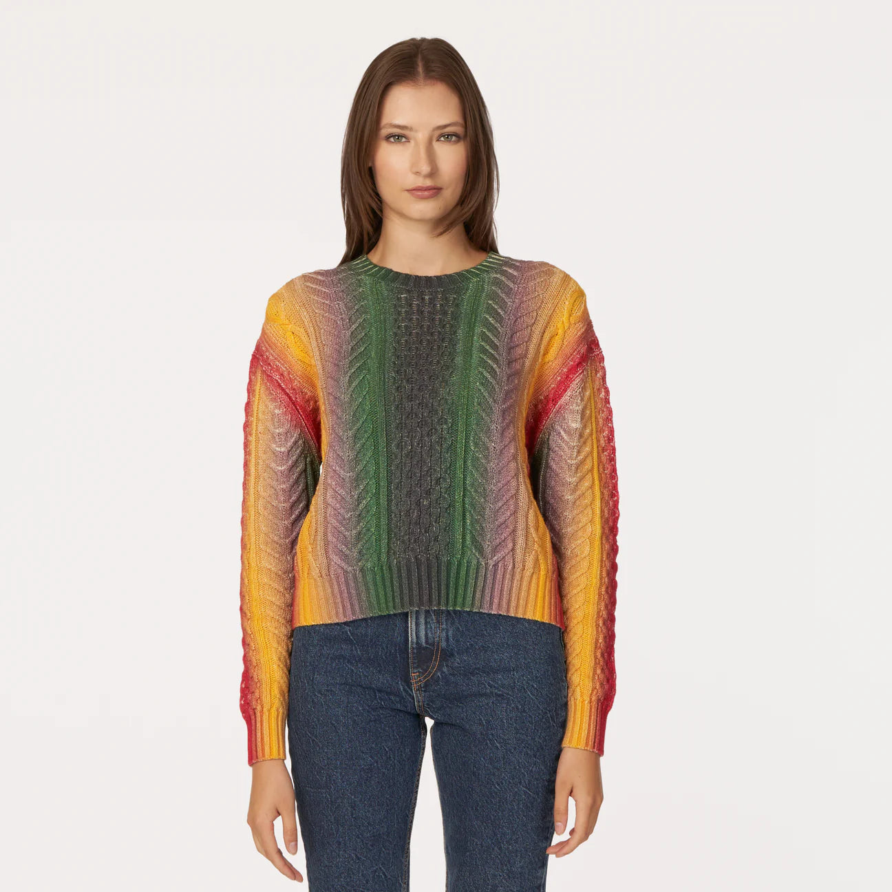 Autumn Cashmere - Gradient Striped Cable Crew - Bright Combo