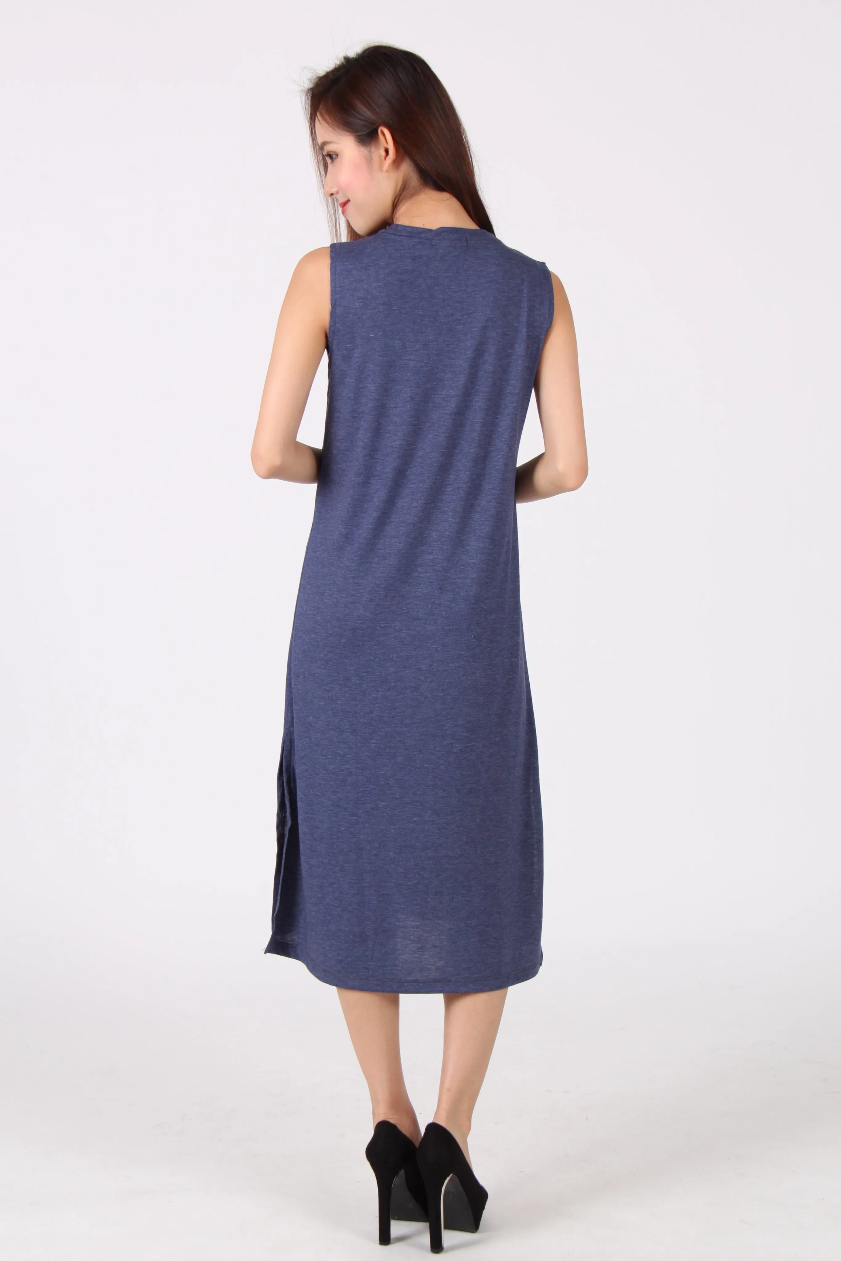 Basic Sleeveless Side Slit Midi Dress in Navy Blue