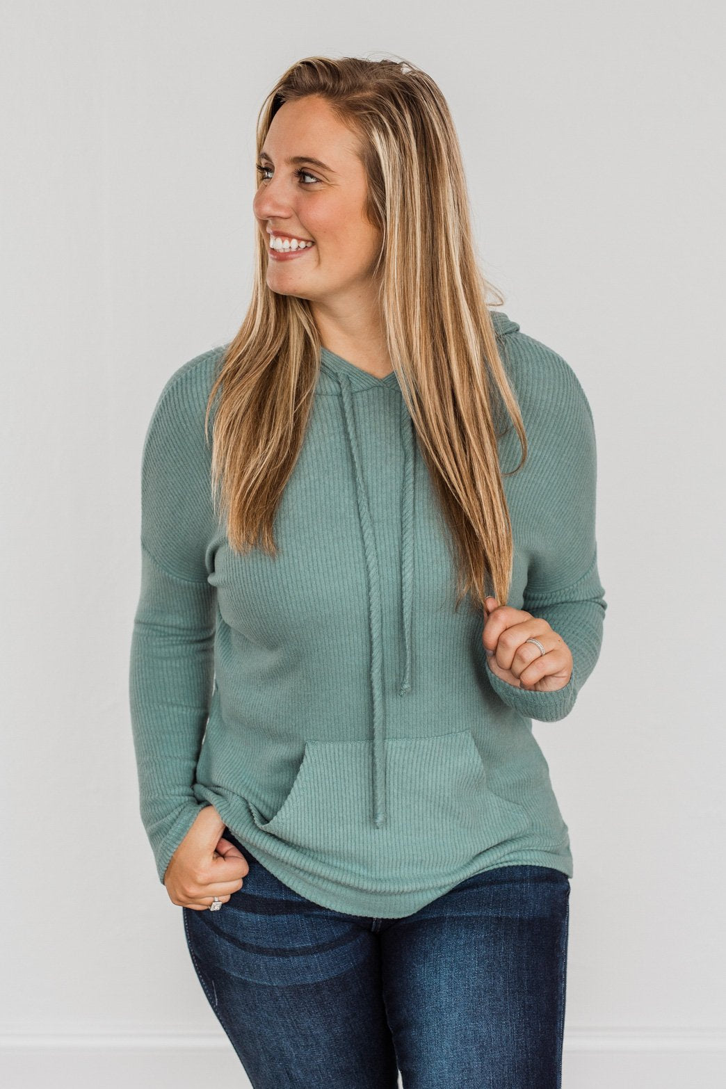 Be Your Best Drawstring Knit Hoodie- Dusty Jade