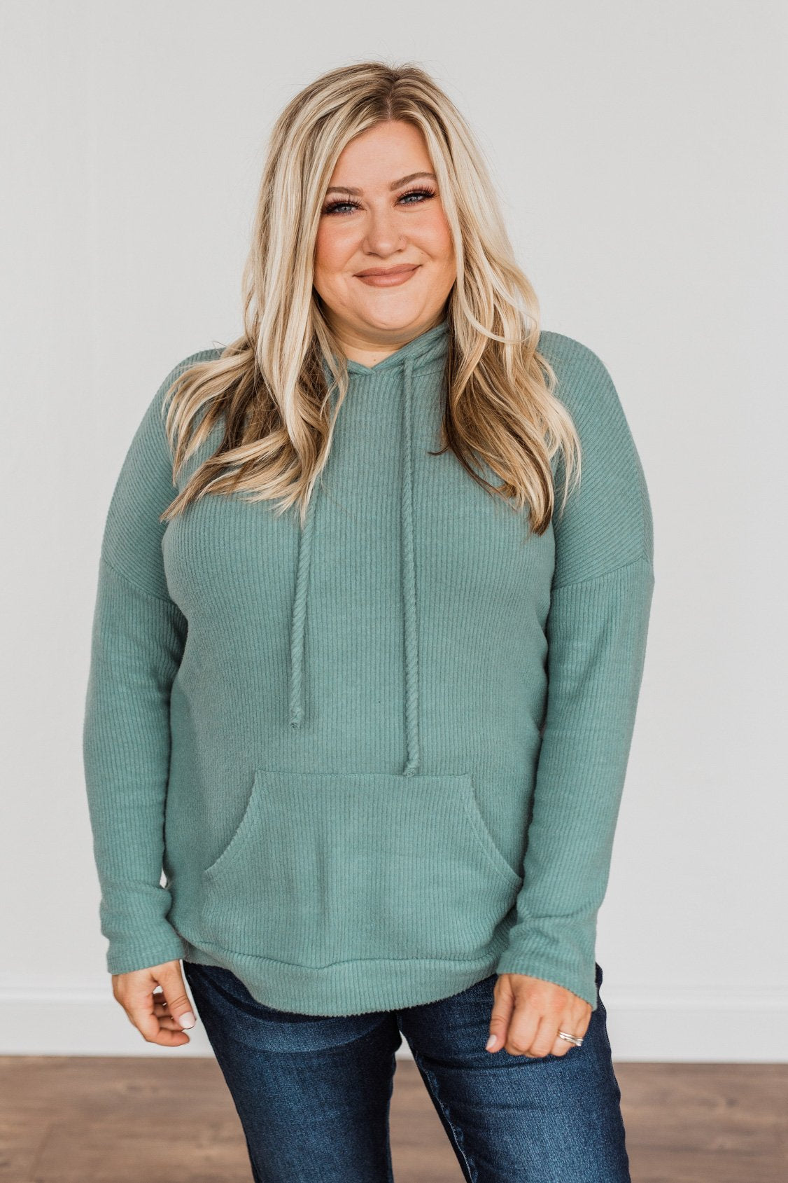 Be Your Best Drawstring Knit Hoodie- Dusty Jade