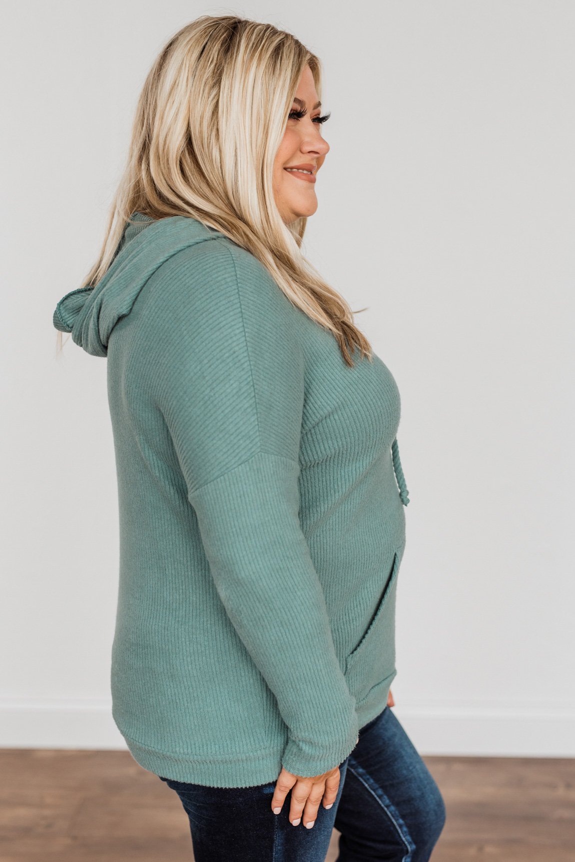 Be Your Best Drawstring Knit Hoodie- Dusty Jade