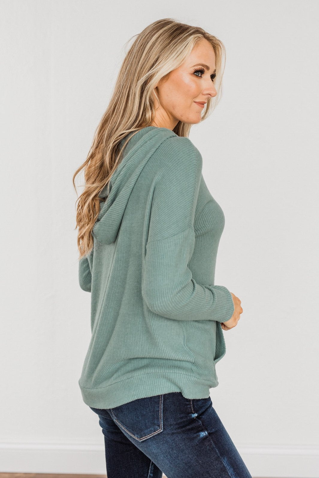 Be Your Best Drawstring Knit Hoodie- Dusty Jade