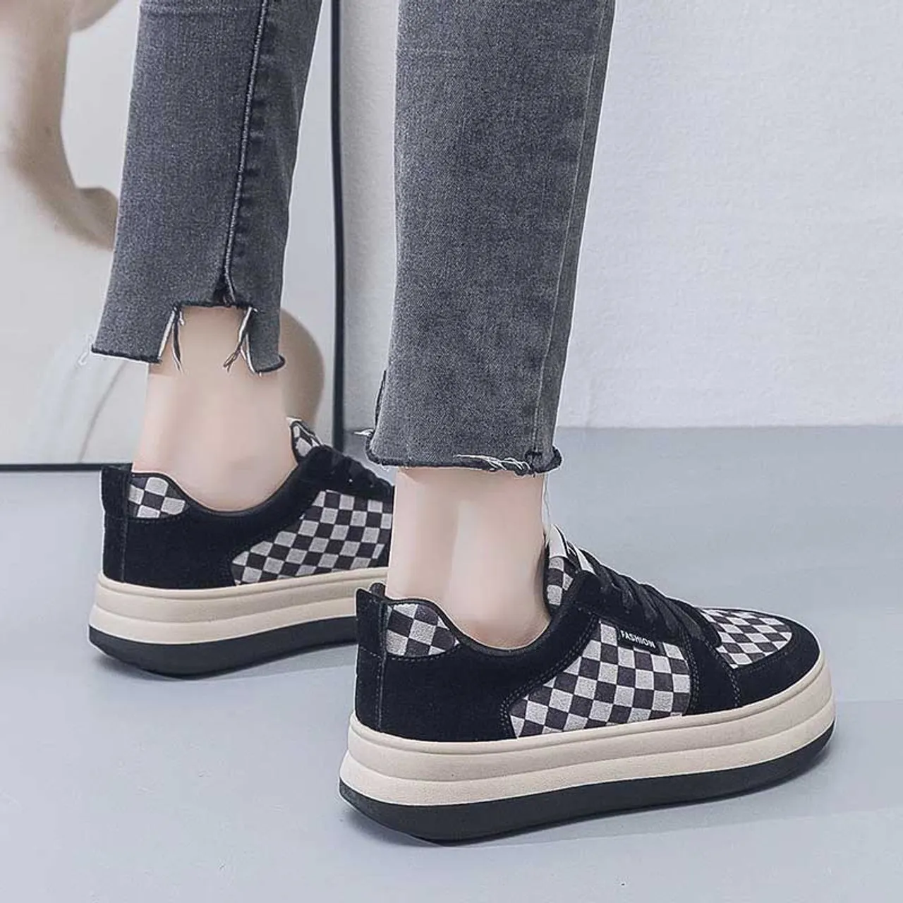 Black check pattern lace up shoe sneaker