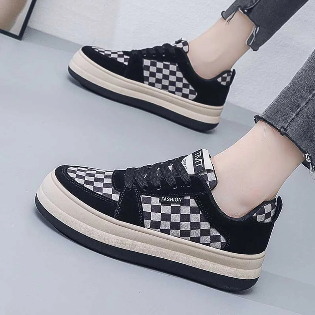 Black check pattern lace up shoe sneaker