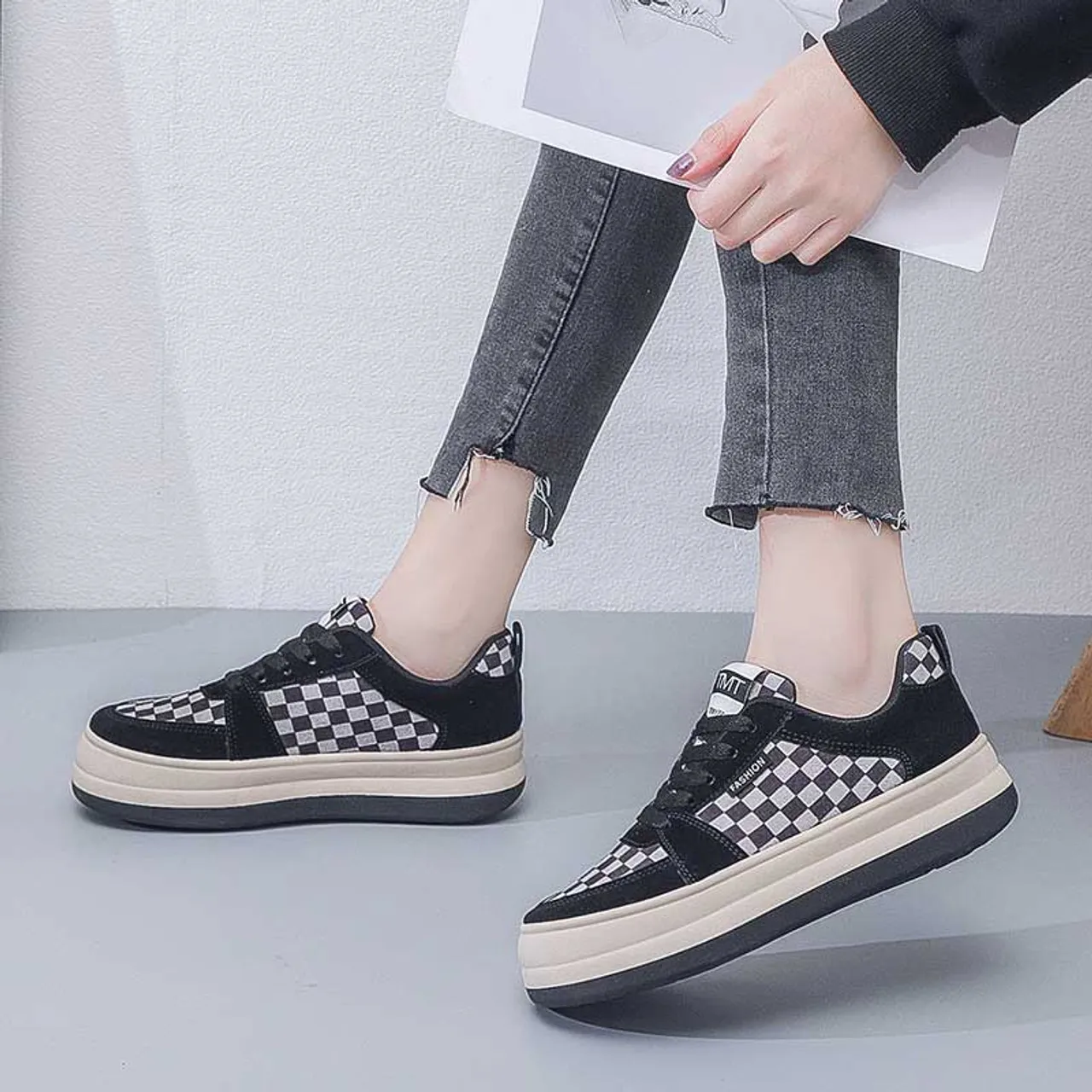 Black check pattern lace up shoe sneaker