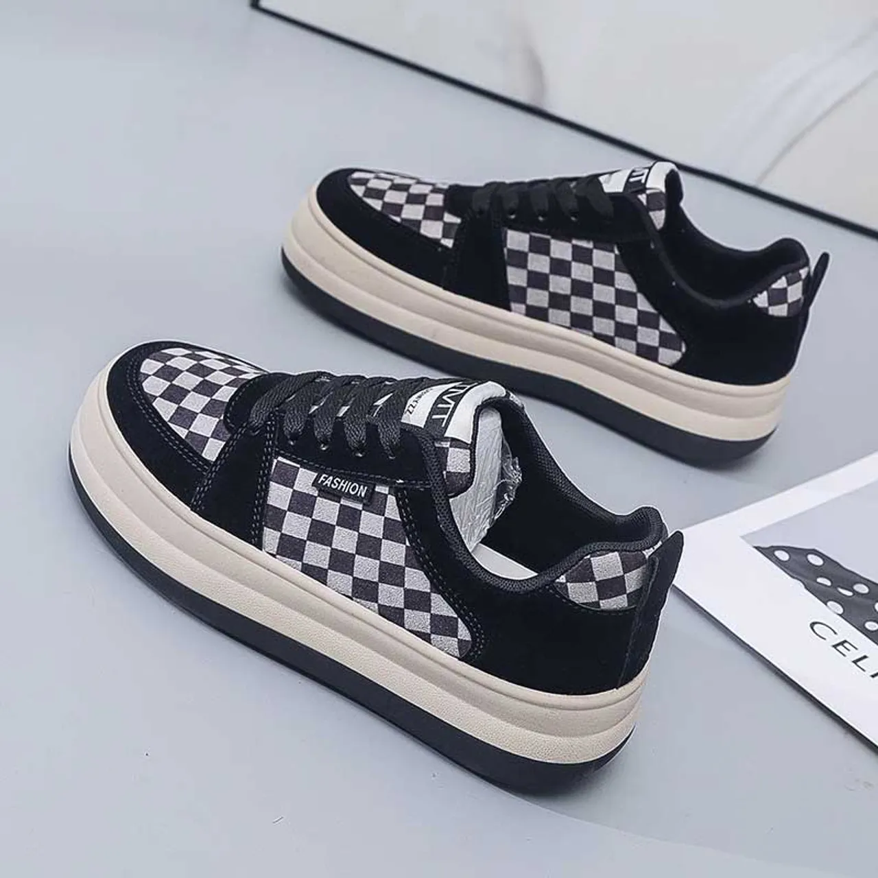 Black check pattern lace up shoe sneaker