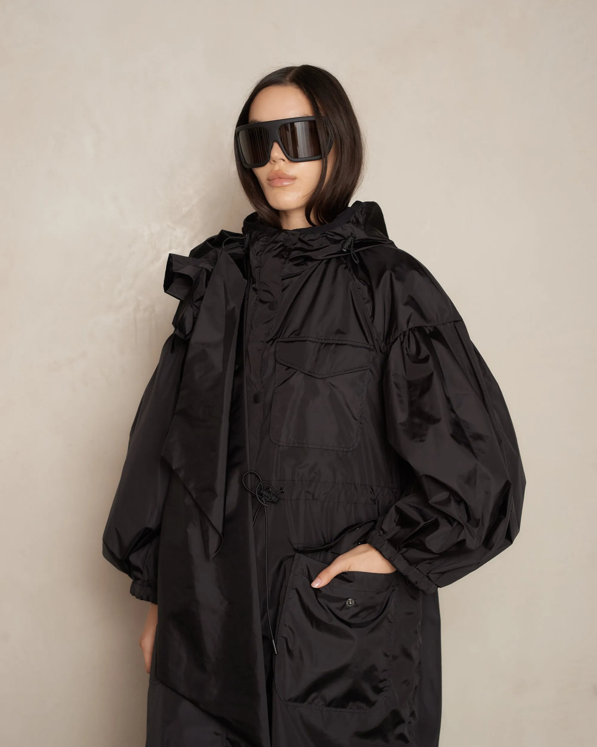 Black Puff Sleeve Pressed Rose Pocket Parka