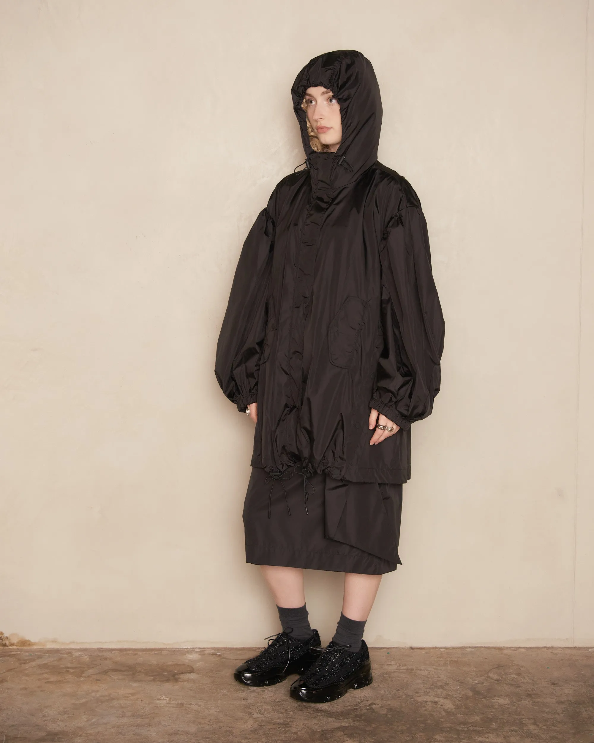 Black Trapeze Puff Sleeve Parka