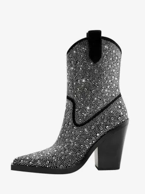 Black Western Boots Women Pointed Toe Block Heel Sparkly Cowboy Boots