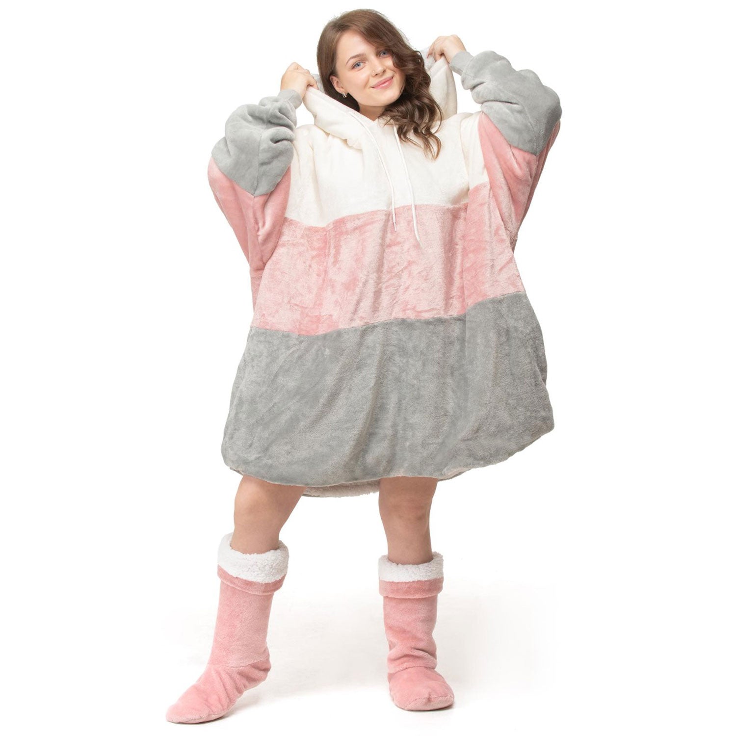 Block Hooded Robe - White, Pink & Grey