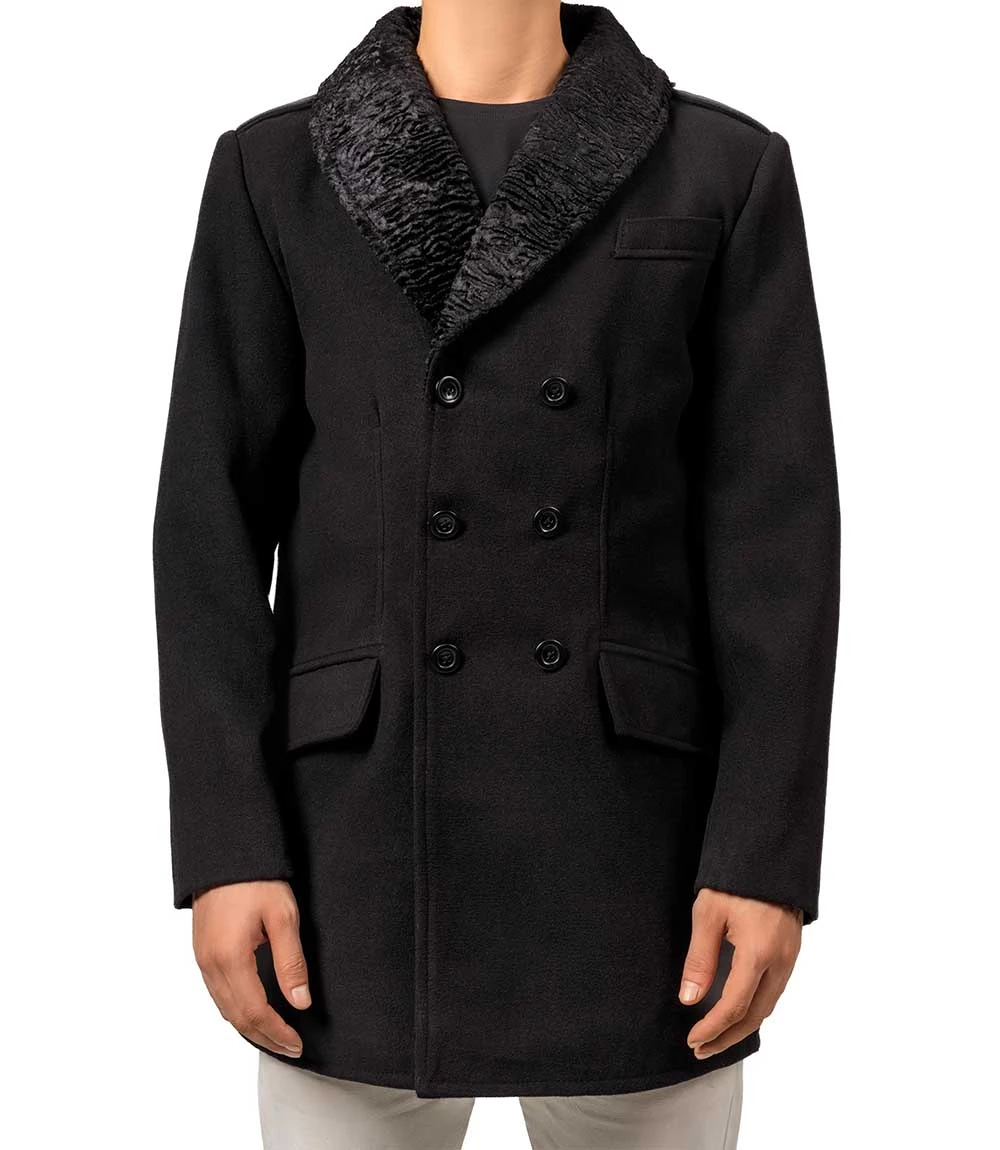 Brewer Men's Black Fur Collar Wool Coat