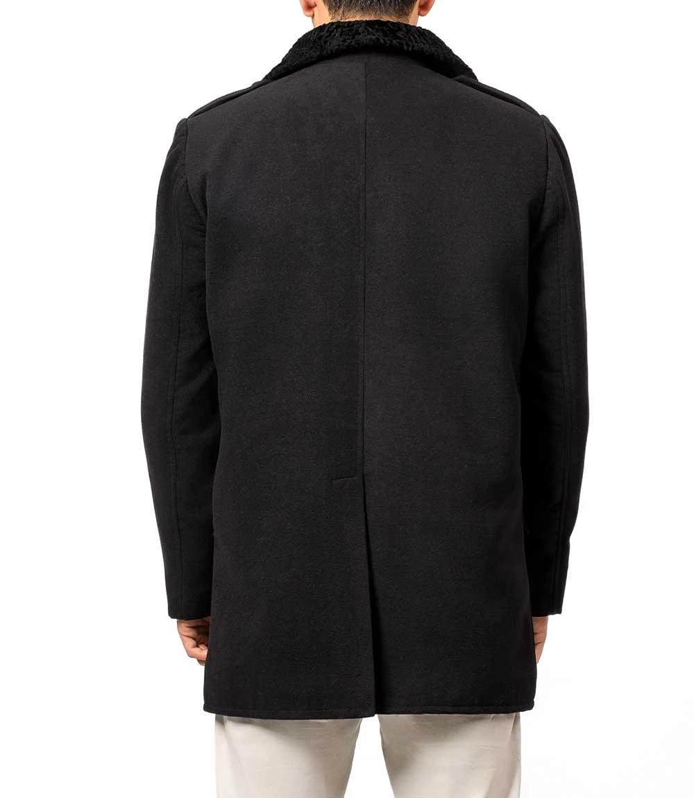 Brewer Men's Black Fur Collar Wool Coat