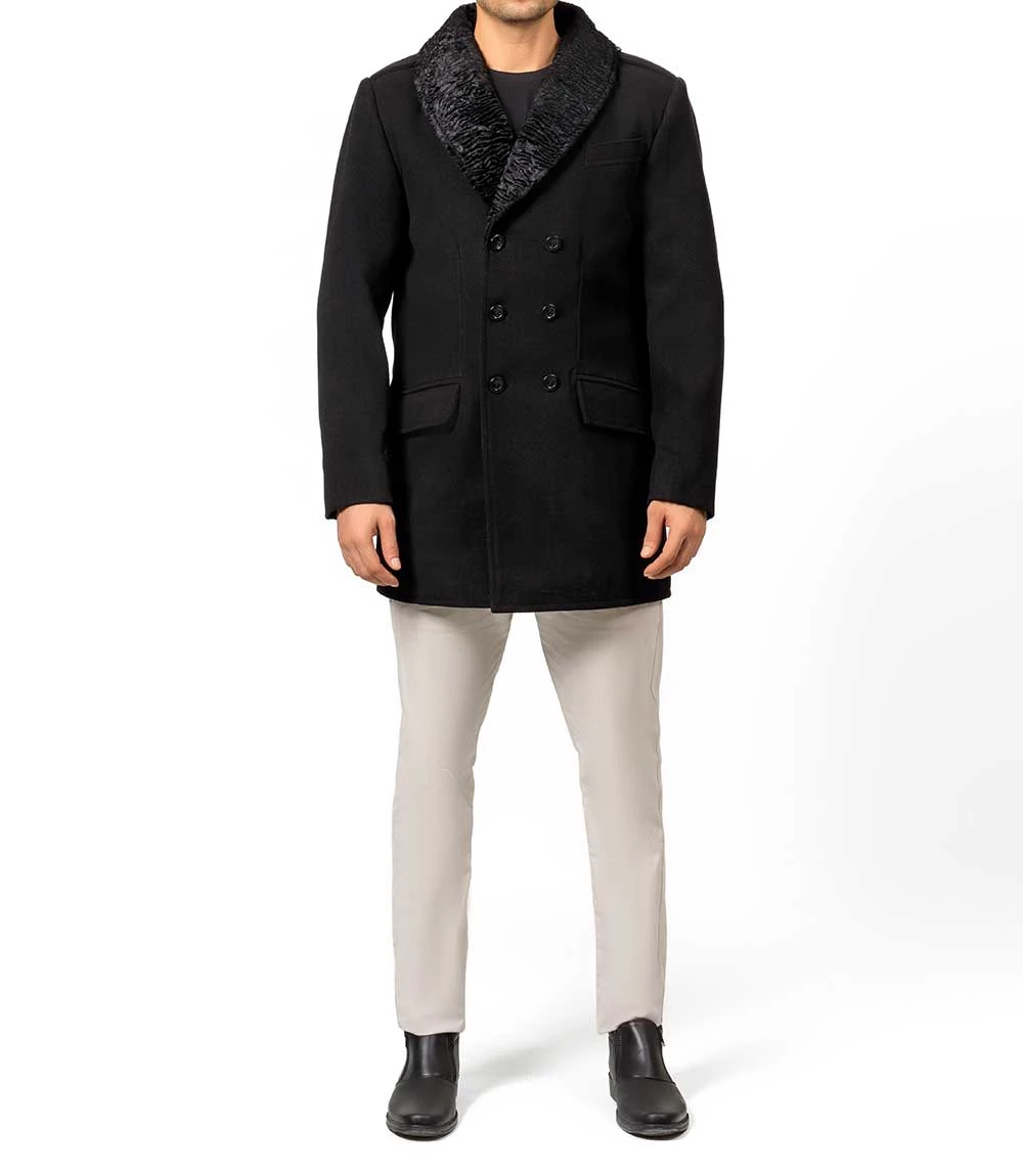 Brewer Men's Black Fur Collar Wool Coat