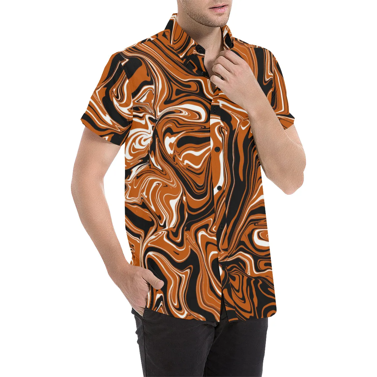 Burnt Orange, Black and White Abstract Melt Men's Big & Tall Short Sleeve Button Up Shirt