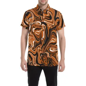 Burnt Orange, Black and White Abstract Melt Men's Big & Tall Short Sleeve Button Up Shirt