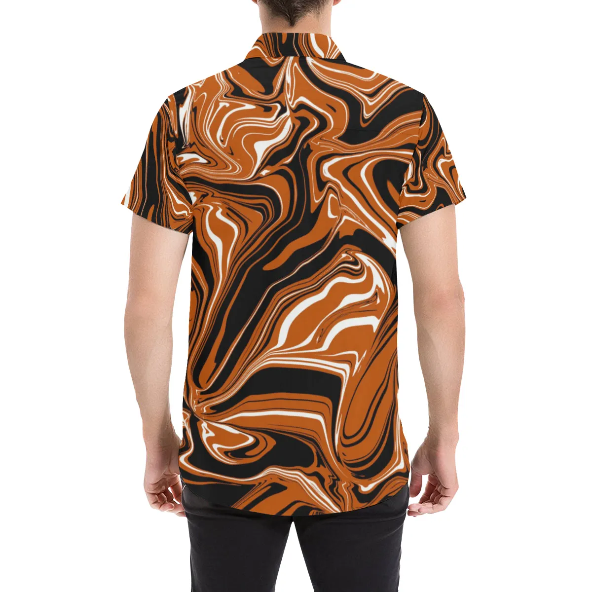 Burnt Orange, Black and White Abstract Melt Men's Big & Tall Short Sleeve Button Up Shirt