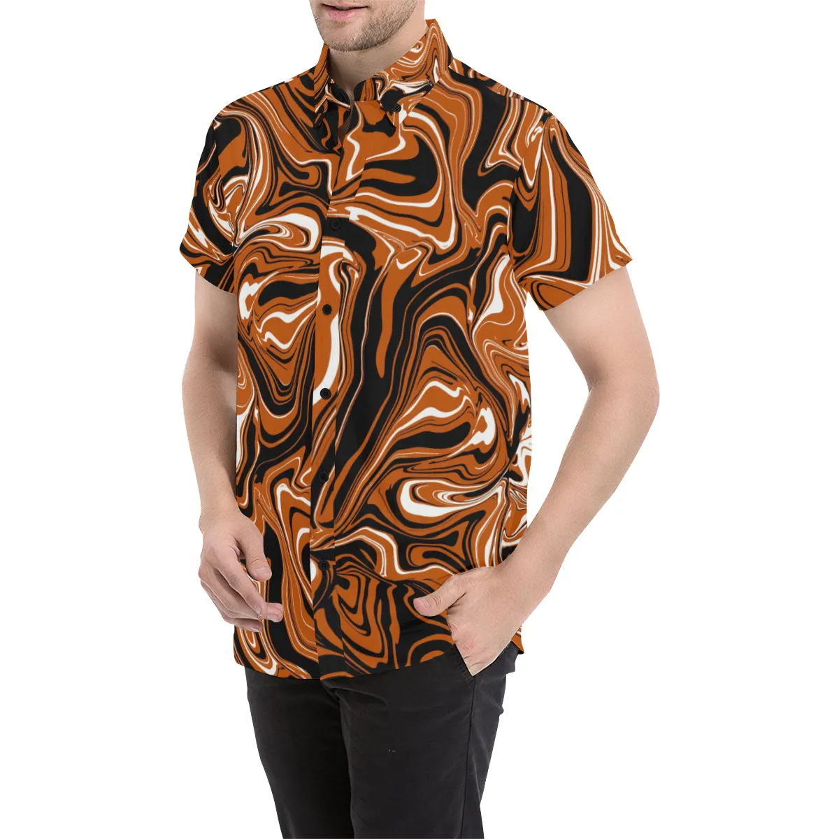 Burnt Orange, Black and White Abstract Melt Men's Big & Tall Short Sleeve Button Up Shirt