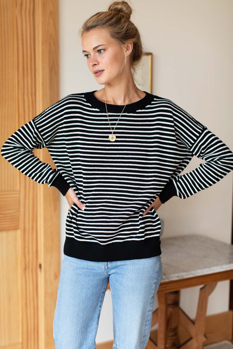 Carolyn Sweater in Ivory Stripe, Black Organic