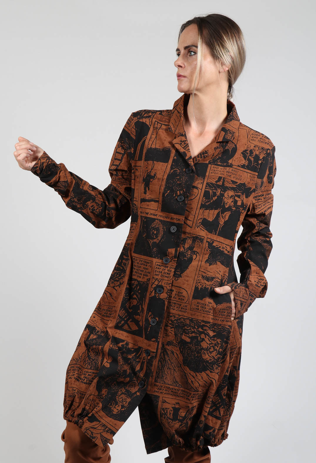 Coat with Gathered Hem in Brick Comic