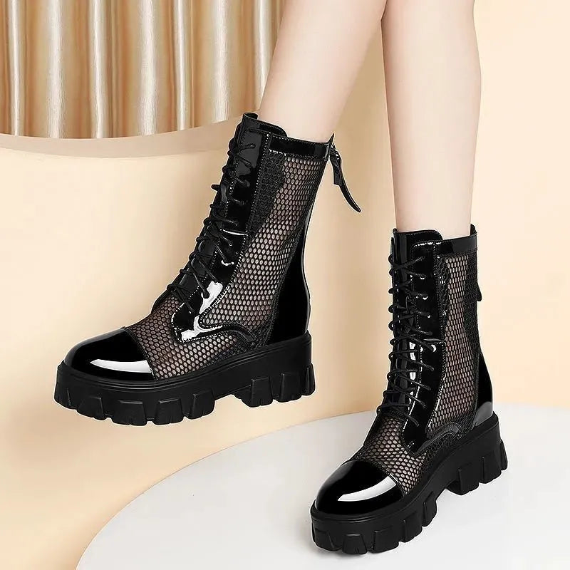 Comemore Gothic Black Mesh Lace Up Ankle Boots Platform Shoes