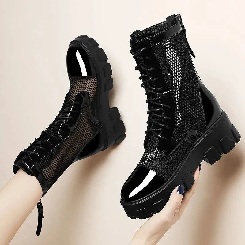 Comemore Gothic Black Mesh Lace Up Ankle Boots Platform Shoes