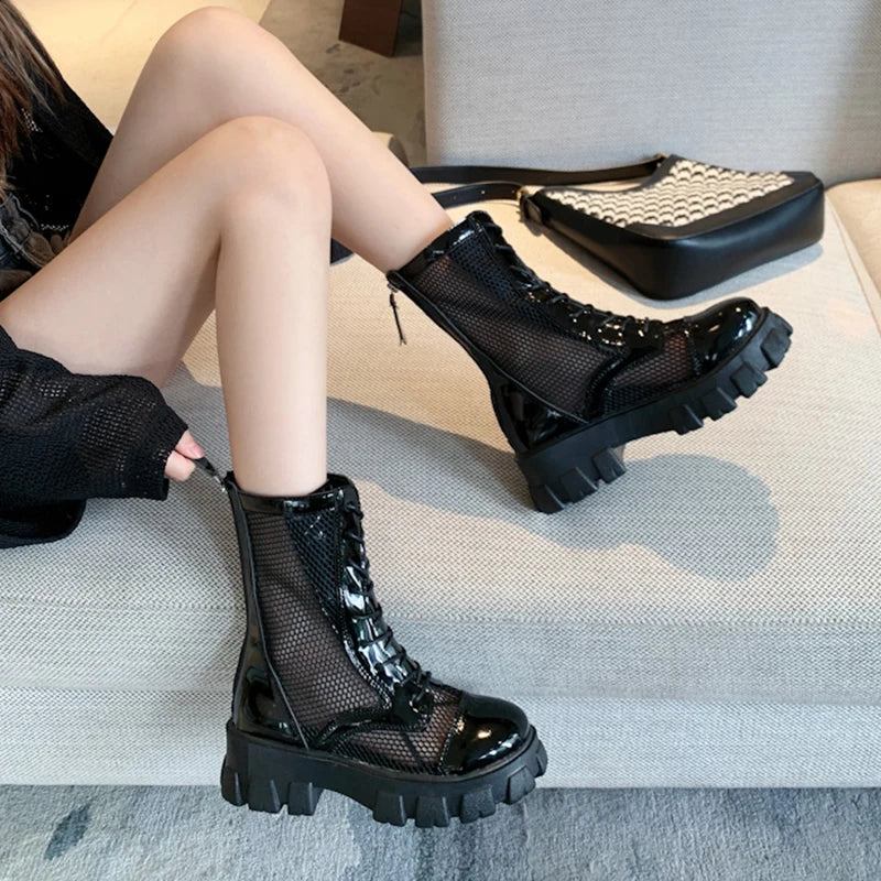 Comemore Gothic Black Mesh Lace Up Ankle Boots Platform Shoes