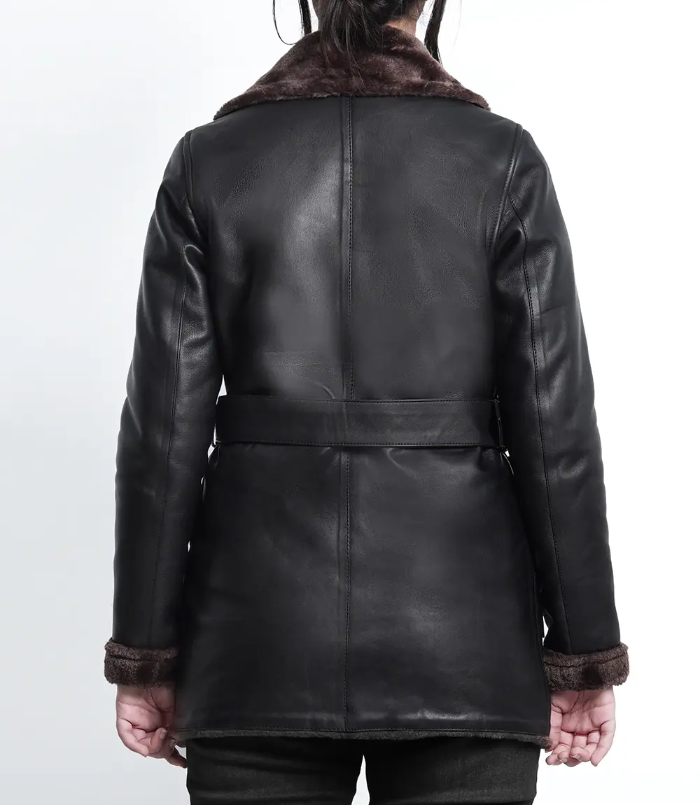 Dark Brown Women's Winter Leather Coat with Shearling Lining