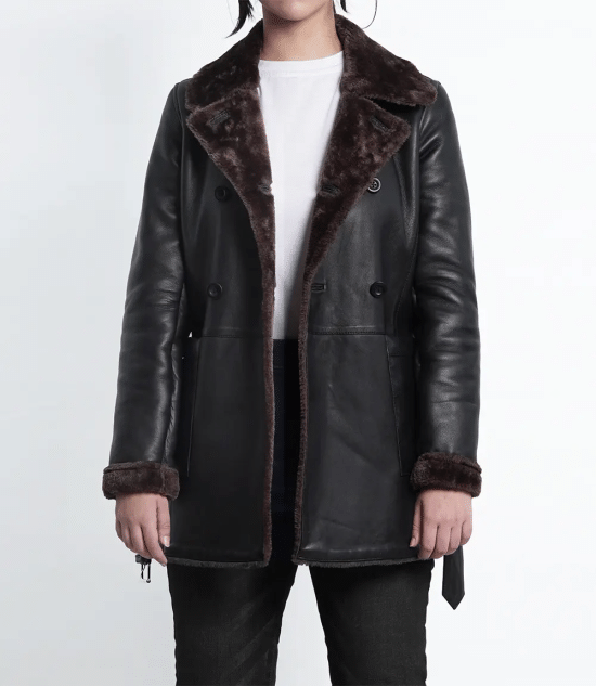 Dark Brown Women's Winter Leather Coat with Shearling Lining