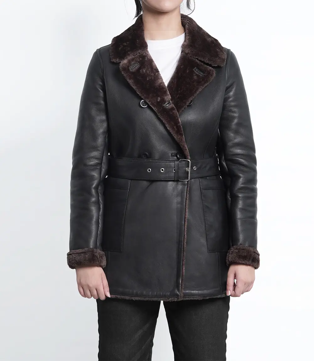 Dark Brown Women's Winter Leather Coat with Shearling Lining