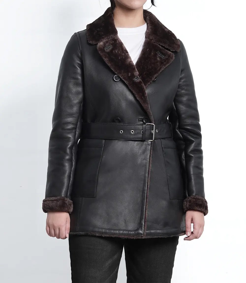 Dark Brown Women's Winter Leather Coat with Shearling Lining