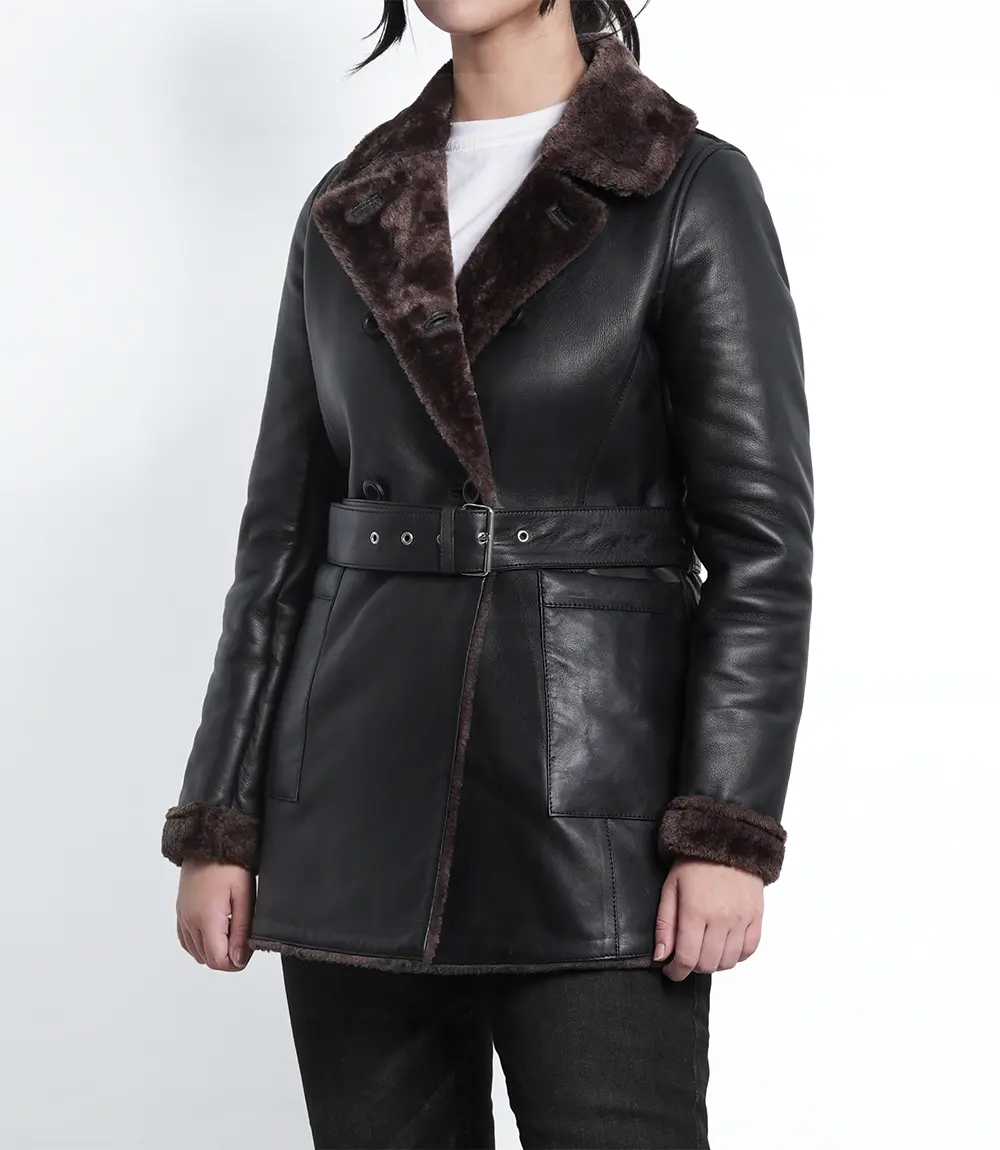 Dark Brown Women's Winter Leather Coat with Shearling Lining