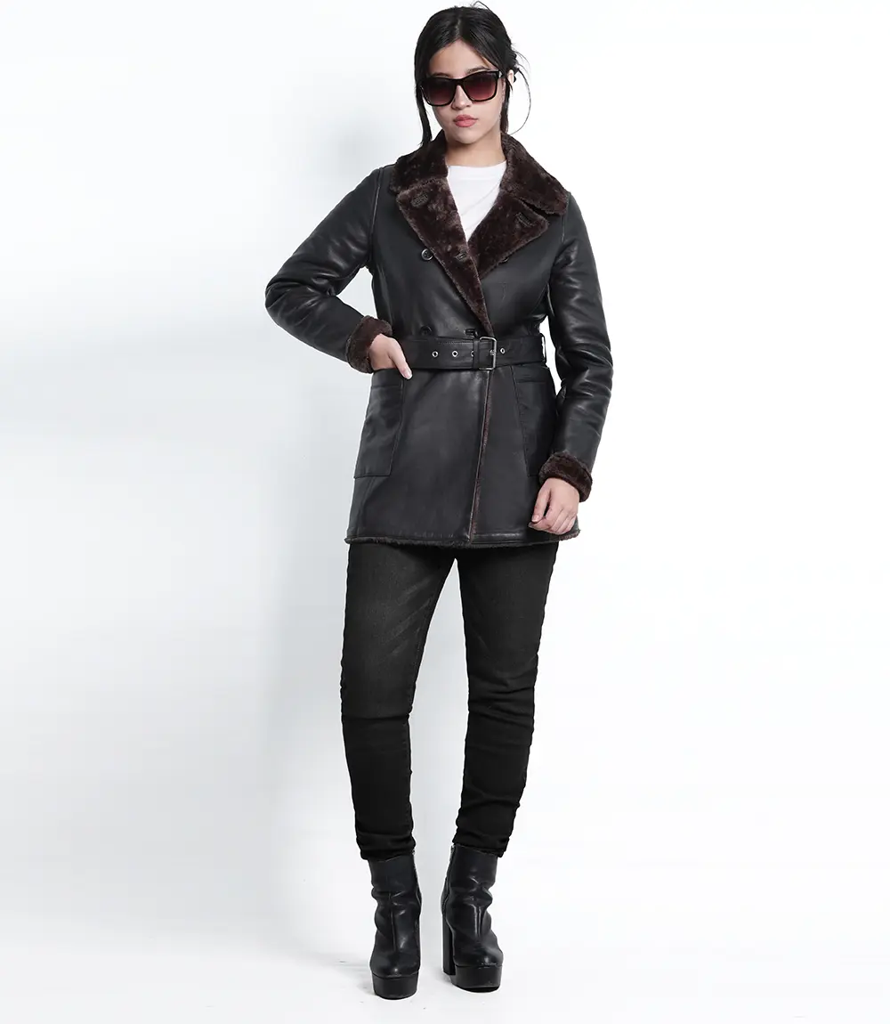 Dark Brown Women's Winter Leather Coat with Shearling Lining