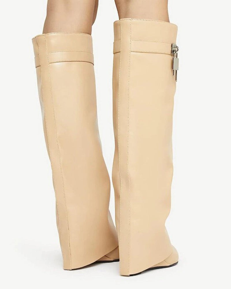 Decorative Lock Knee High Fold Over Boots