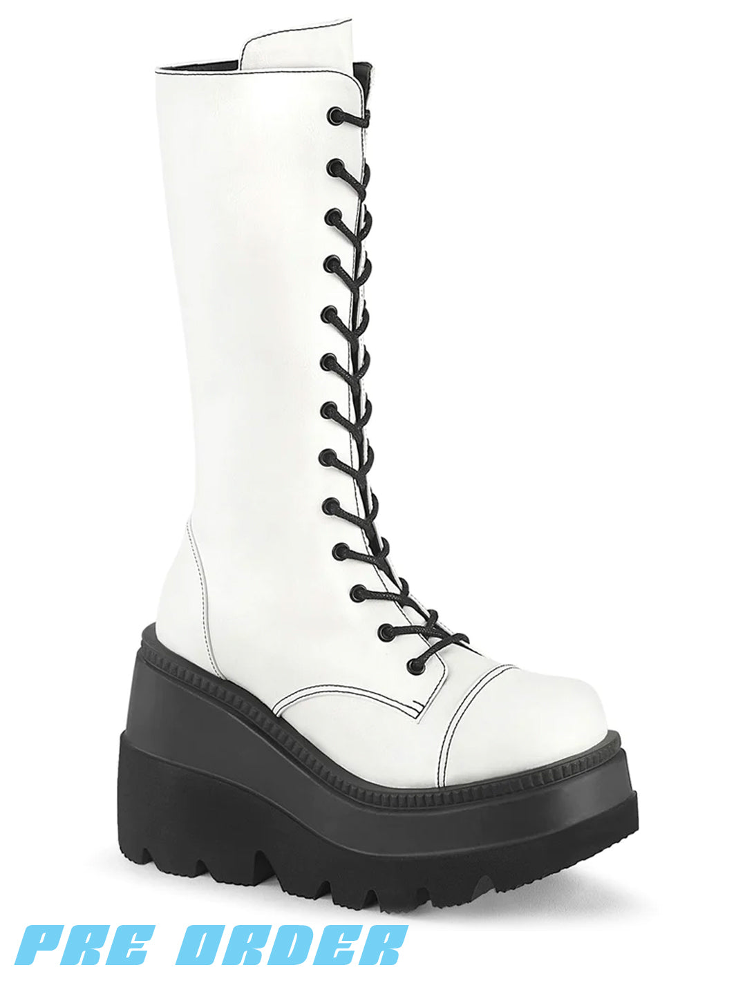 DEMONIA SHAKER-72 BOOTS - WHITE VEGAN LEATHER  PRE ORDER 