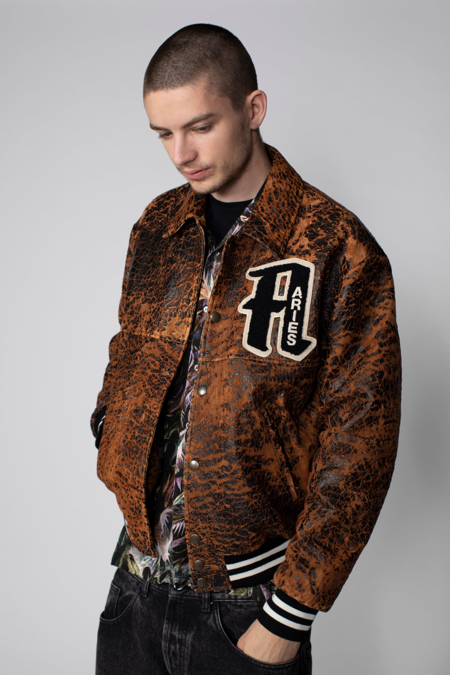 Distressed Leather Letterman Jacket