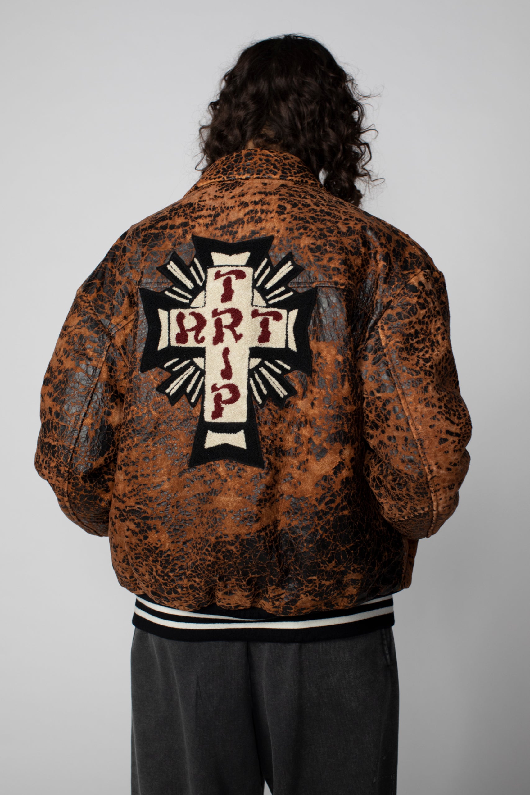 Distressed Leather Letterman Jacket