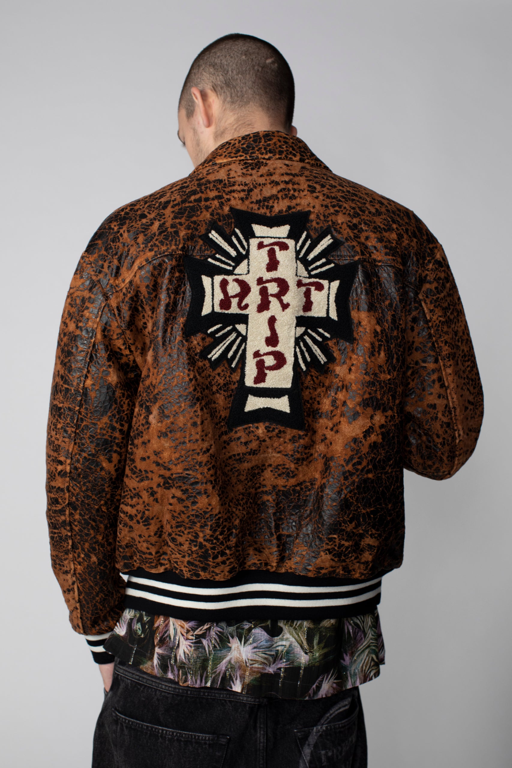 Distressed Leather Letterman Jacket