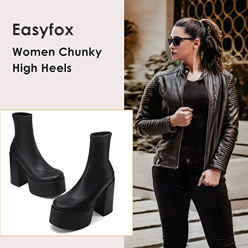 Easyfox Platform Boots for Women Mid Calf Chunky High Heels Ankle Booties Slip on Round Toe Elastic PU Leather Black Shoes size 