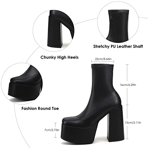 Easyfox Platform Boots for Women Mid Calf Chunky High Heels Ankle Booties Slip on Round Toe Elastic PU Leather Black Shoes size 