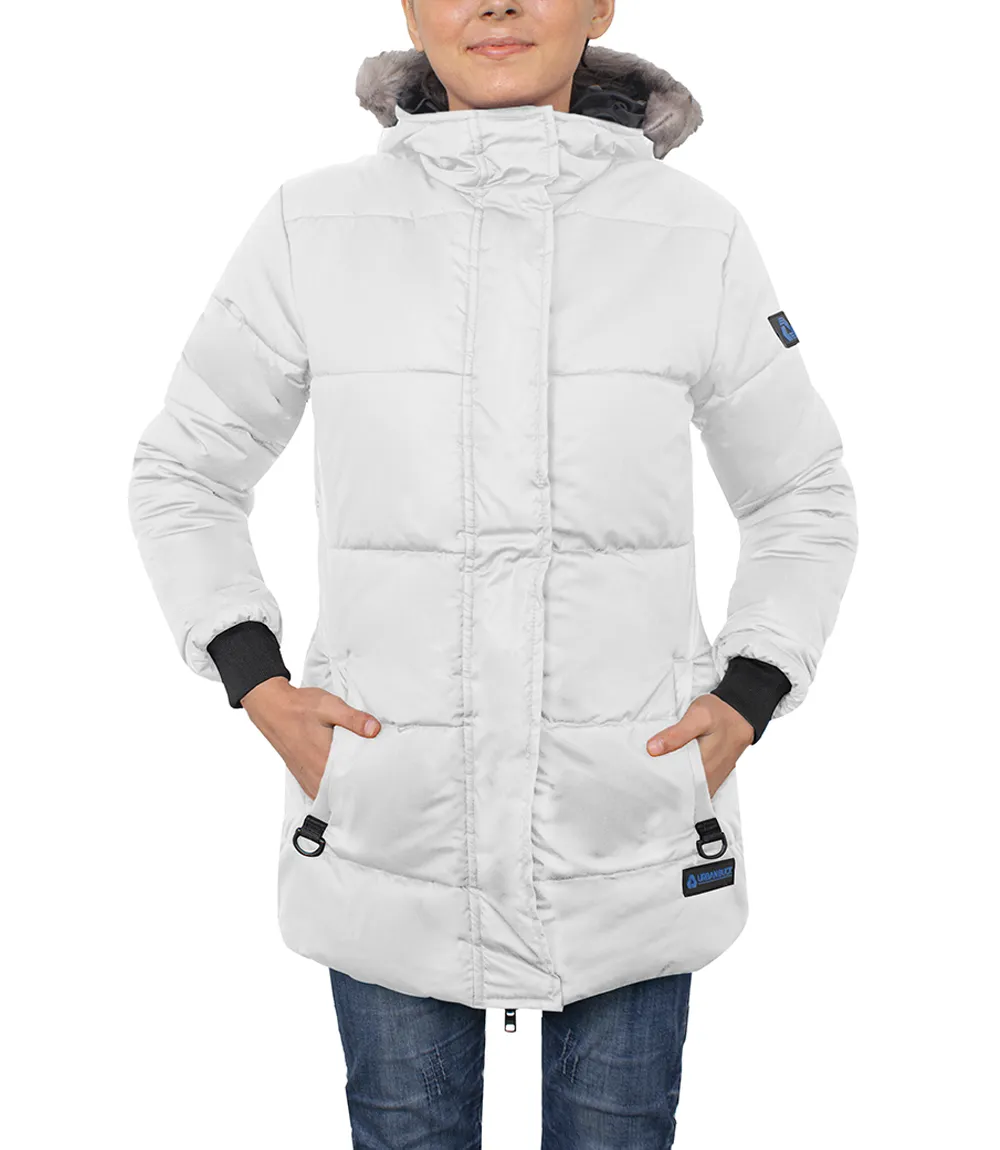 Ella Women's White Puffer Coat - faux fur trim hood