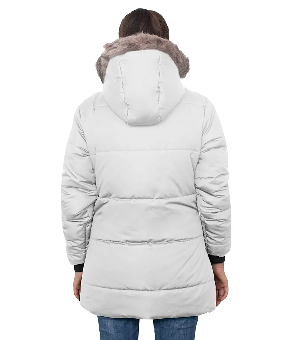 Ella Women's White Puffer Coat - faux fur trim hood